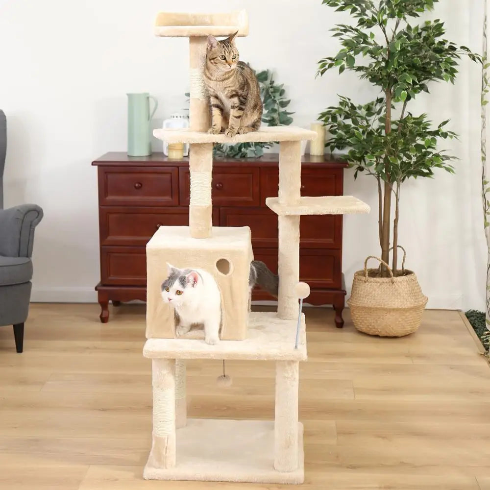 Luxury Cat Tower with Double Condos and Spacious Perch - Fully Wrapped Scratching Sisal Post